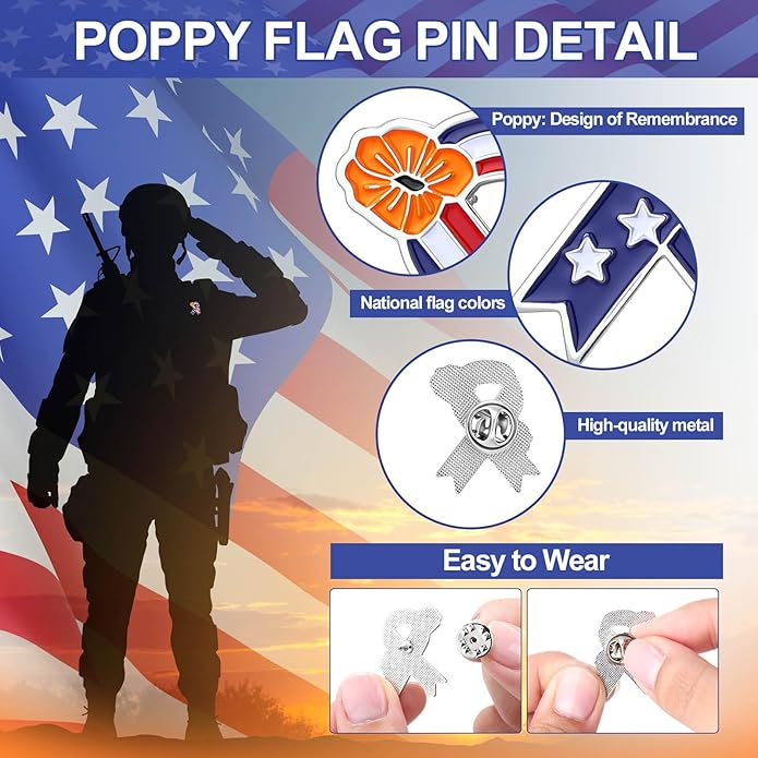 Tondiamo Memorial Day Poppy Flower Brooch Pins Remembrance Day Poppy Pins Lapel Brooch USA Flag
