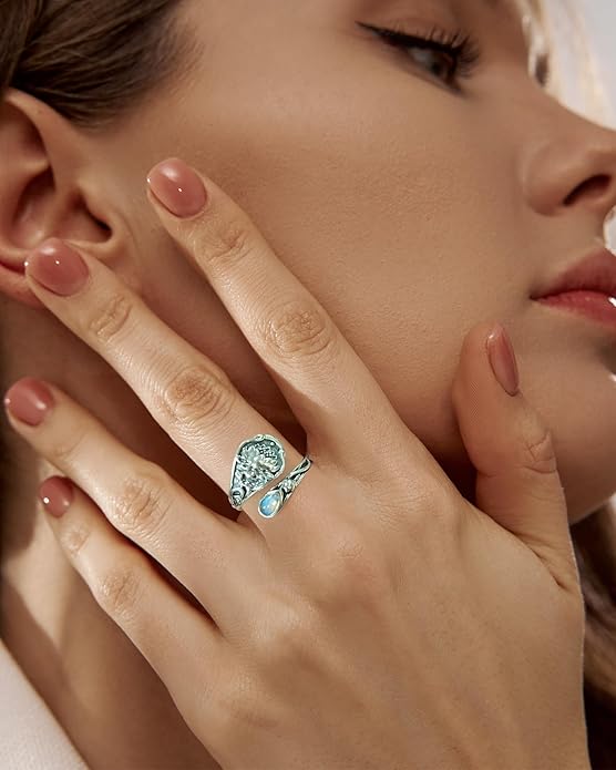S925-Sterling-Silver Abalone Dragonfly-Turquoise Spoon Ring - Vintage Boho Sunflower Thumb Oxidized Wrap Rings Victorian Style Antique Floral Jewelry Gifts for Women