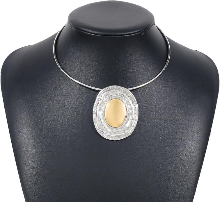 Fashion Chunky Statement Necklaces - African Choker Necklace with Gold Oval Pendant,Tribal Collar Necklace Hammered Metal Jewelry for Women