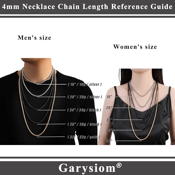 Garysiom 3 Pcs Chain Necklace for Men, 4mm Stainless Steel Gold Black and Silver Wheat Chains for Mens Jewelry Gift, 16"/20"/24"/28"/32 Inches