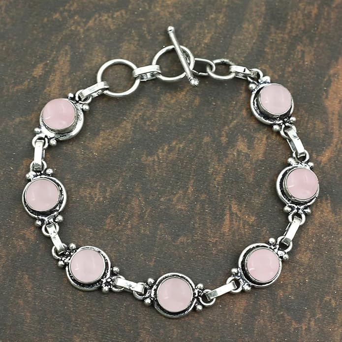Round Shape Natural & Synthetic Gemstones Silver Plated Bracelets for Women - Vintage Bohemian Style Handmade Birthstone Adjustable Link Bracelet Jewelry Gifts for Wedding Anniversary Mother's Day