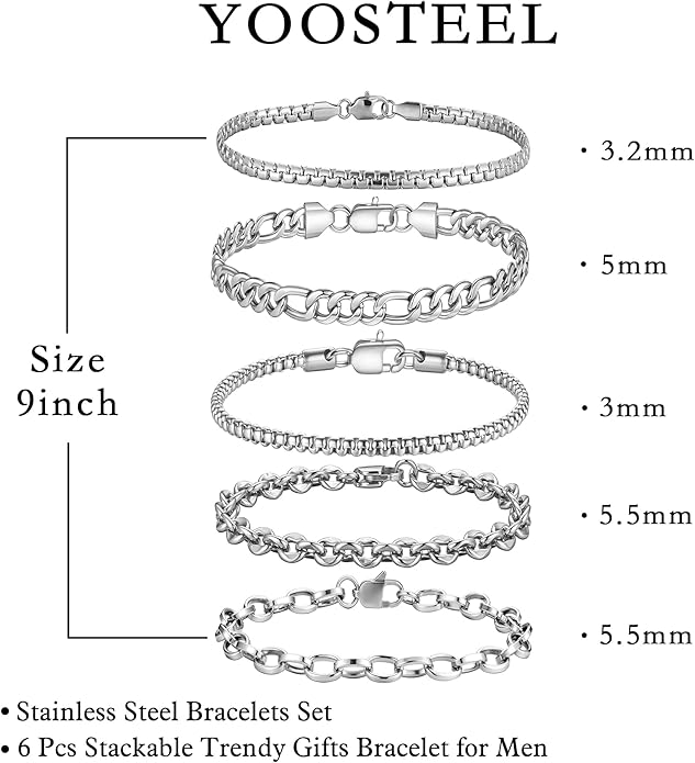 Yoosteel Mens Bracelets - Silver Chain Bracelet Stainless Steel Cuban Link Stack Bracelets Sturdy Rope Paperclip Chains Set 7.5/8.3/9 inches Trendy Jewelry for Men