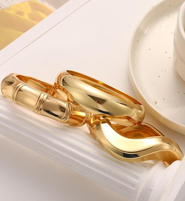 Chunky Gold Bangle Bracelets for Women, 14k Dainty Gold Cuff Stackable Bracelet Set, Trendy Bracelet Stack Fashion Jewelry Gifts