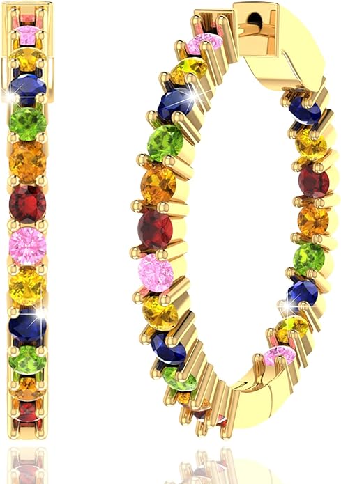 Hoop Earrings with 40 Colored Gemstones, Birthstone Earrings, 925 Sterling Silver Rhodium Plated, Push Back Closure, 1.18'