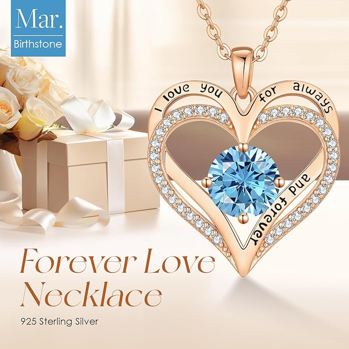 LOUISA SECRET Love Heart Birthstone Necklaces for Women, Birthday Gift for Girlfriend, Anniversary Jewelry Gift for Wife Her, 925 Sterling Silver Women Pendant Necklace, Mother's Day Christams Gift