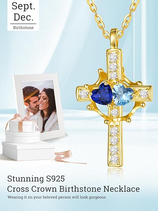 Zeuslia Double Birthstone Necklace Gifts for Wife - 925 Sterling Silver Sunflower/Rose/Crown Cross/Compass/Heart Pendant I Love You Necklace, Anniversary Birthday Gifts for Wife Girlfriend Mom Her