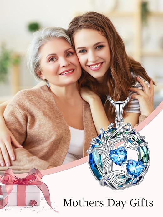 TOUPOP s925 Sterling Silver Family Celtic Tree of Life Pendant Necklaces with 2 Heart Birthstone with Blue Austrian Crystal Jewelry Birthday Anniversary Christmas Gifts for Her Wife Girlfriend Mom (18K Real White Gold Filled)