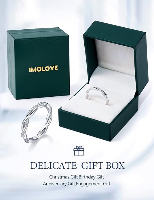 IMOLOVE Moissanite Wedding Band Wedding Rings for Women Twisted Rings 925 Sterling Silver Rings with 18K White Gold Plated Eternity Stackable Engagement Ring Anniversary Band Size 4-11