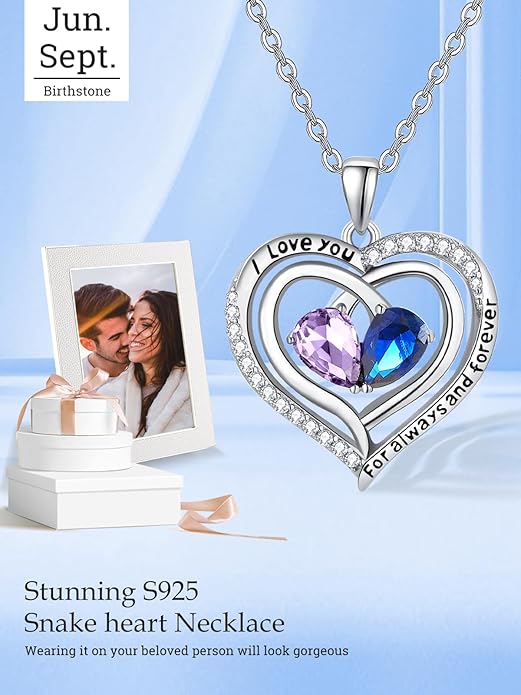 Zeuslia Double Birthstone Necklace Gifts for Wife - 925 Sterling Silver Sunflower/Rose/Crown Cross/Compass/Heart Pendant I Love You Necklace, Anniversary Birthday Gifts for Wife Girlfriend Mom Her