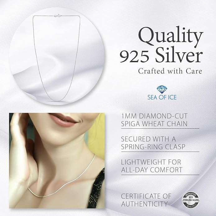 SEA OF ICE Italian Spiga Wheat Chain Necklace – Silver Chain Necklace for Women and Men – 925 Sterling Silver Spring Ring Locked Jewelry Chain – Multisize Silver Chain Unisex
