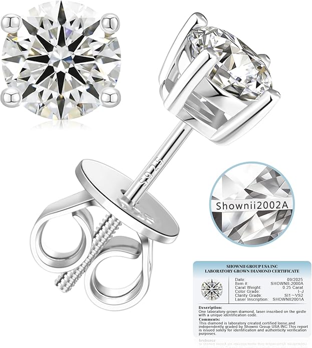 SHOWNII Diamond 4-Prong Lab-Grown Diamond Stud Earrings for Women 0.5CT 1CT 14K Gold Plated S925 Sterling Silver Screw Back Earrings(I-J Color, S1-VS2 Clarity)