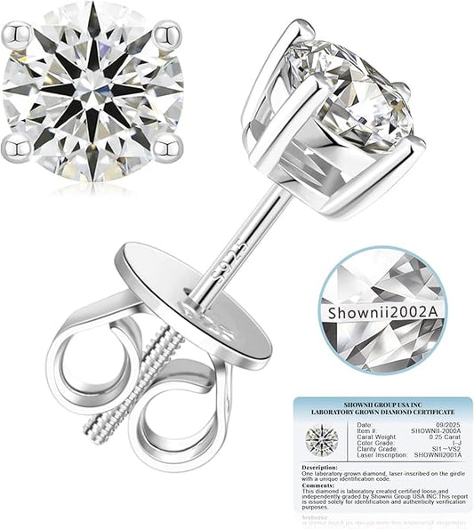 SHOWNII Diamond 4-Prong Lab-Grown Diamond Stud Earrings for Women 0.5CT 1CT 14K Gold Plated S925 Sterling Silver Screw Back Earrings(I-J Color, S1-VS2 Clarity)