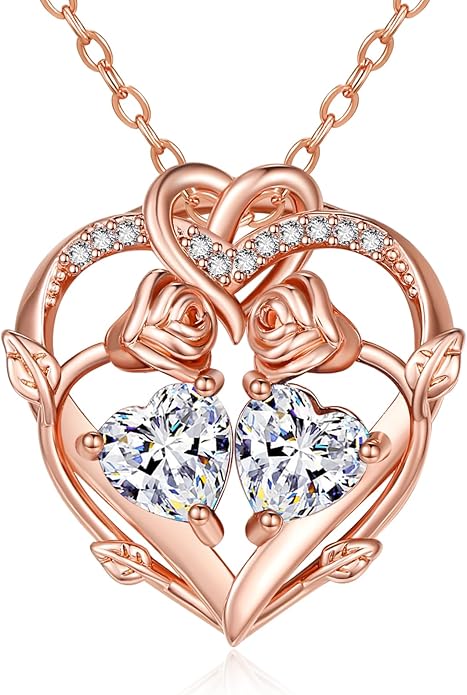 Rose Gold Necklaces for Women Double Birthstone Rose Flower Heart Pendant Necklace Jewelry Anniversary Christmas Valentine's Mother's Day Birthday Gift for Wife Mom Her Girlfriend Sister
