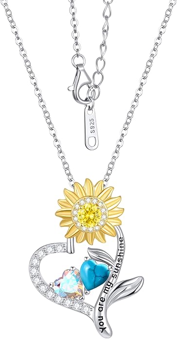 PERJI Valentine's Day Gifts for Women - 925 Sterling Silver Double Birthstone Sunflower Necklace, Anniversary Birthday Jewelry You are My Sunshine Gifts for Wife Couple Girlfriend 18"+2" Non Tarnish