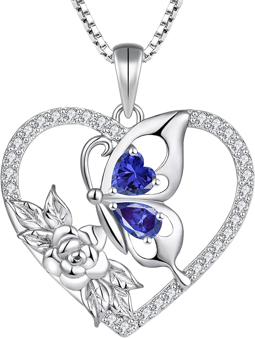 YL Women's Butterfly Necklace 925 Sterling Silver Flower Rose Pendant Birthstone Halo Jewelry