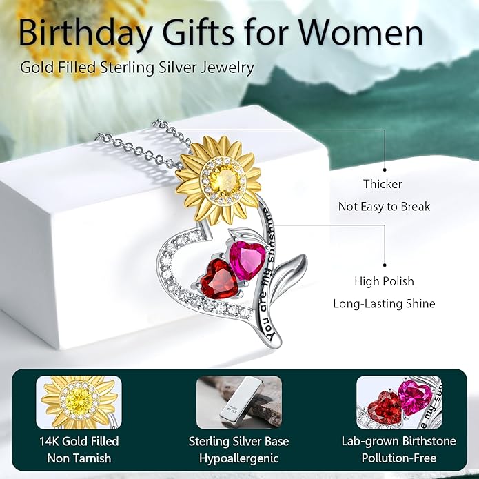 PERJI Valentine's Day Gifts for Women - 925 Sterling Silver Double Birthstone Sunflower Necklace, Anniversary Birthday Jewelry You are My Sunshine Gifts for Wife Couple Girlfriend 18"+2" Non Tarnish