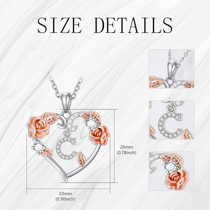 AOBOCO Rose Heart Necklaces Valentines Gifts for Women, 925 Sterling Silver Rose Love Heart Initial Letter Pendant Necklace Jewelry Mothers Day Christmas Birthday Gifts for Her Mom Wife Girlfriend