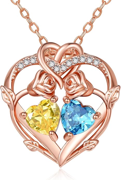 Rose Gold Necklaces for Women Double Birthstone Rose Flower Heart Pendant Necklace Jewelry Anniversary Christmas Valentine's Mother's Day Birthday Gift for Wife Mom Her Girlfriend Sister