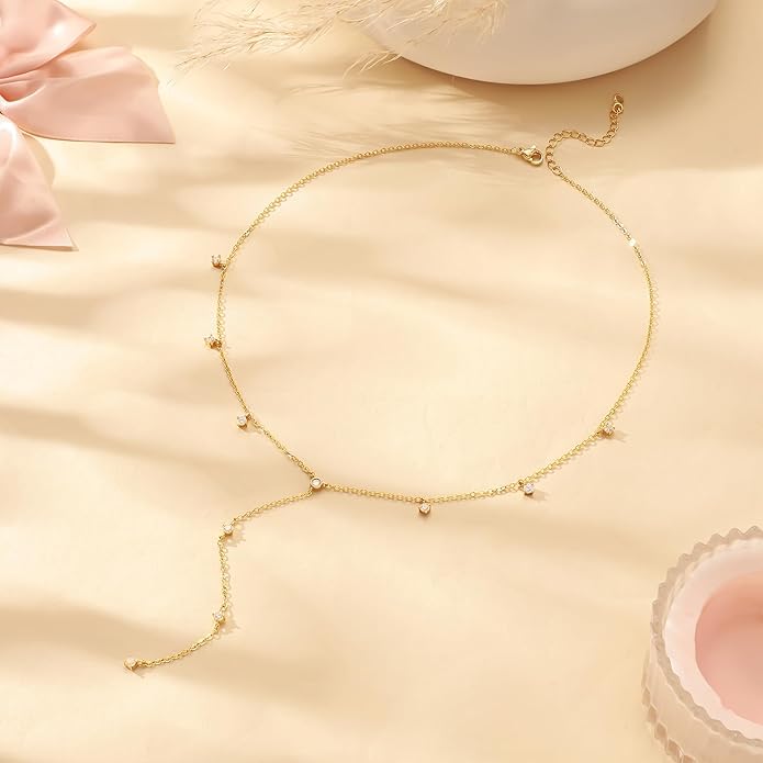 LOVELUCK Long Lariat Necklace for Women,Dainty Layered Y-Shaped Necklaces 14k Gold/Silver Plated Drop Chain Trendy Christmas Jewelry Gifts