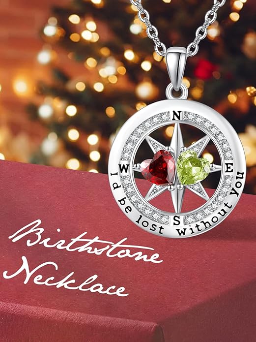Compass Birthstones Necklace for Women, Exquisite Anniversary Birthday Gifts for Wife Her Double Birthstone Pendant jewelry ‘I'd be Lost Without You’