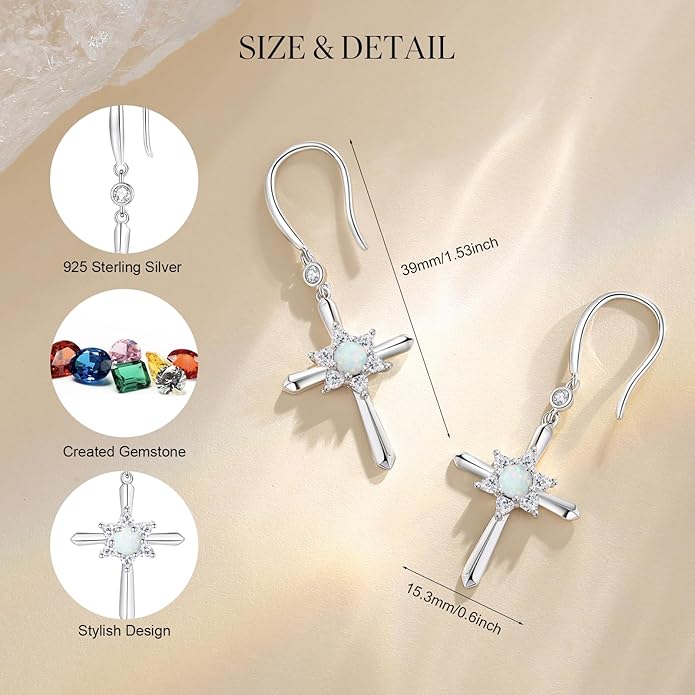 FANCIME Cross Dangle Drop Earrings 925 Sterling Silver Dainty Round Birthstone Earring Fine Jewelry Birthday Gifts for Her Women