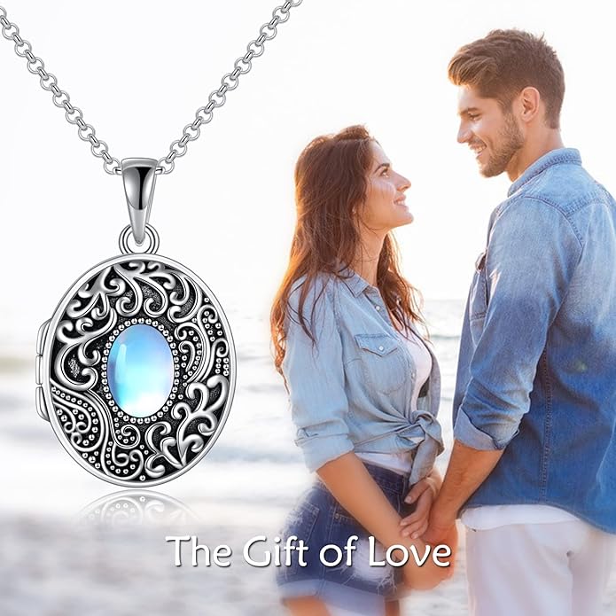 TIGER RIDER Sterling Silver Photo Locket Necklace That Holds Pictures Oval Shaped Photo Jewelry for Mother Daughter Wife