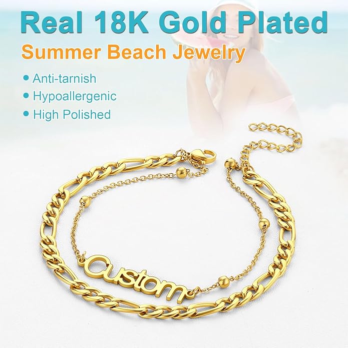 U7 Custom Layered Ankle Bracelets for Women Stainless Steel Bead/Cuban/Figaro/Rope/Wheat Chain Anklet Waterproof Anklet Jewelry for Beach Vacation