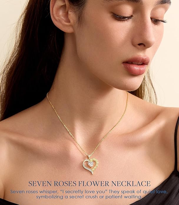 Beam & Bask 2-3 Carat Moissanite Rose Flower Heart Necklace for Her, Sterling Silver Plated with 18K Gold, Birthday, Wedding, Anniversary Pendant Jewelry for Girlfriend, Wife, Bride, Soulmate