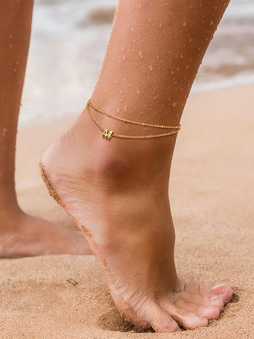 FaithHeart Initial Ankle Bracelets for Women, Waterproof 14k Gold Plated Initial Anklets Non Tarnish Stainless Steel Layered Anklet Summer Beach Foot Jewelry