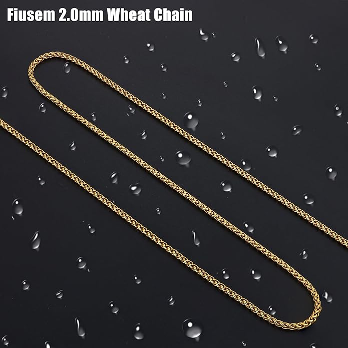 Fiusem Wheat Chains for Men and Women, 2/2.5/3/4/5mm Silver Tone/14K Gold Plated/Black Necklace Chain, Stainless Steel Mens Necklace 16-28 Inch