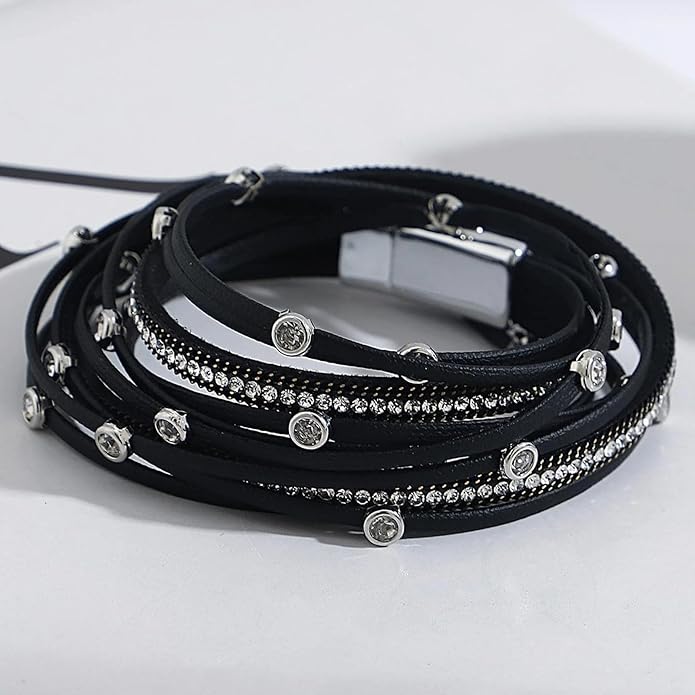 Fesciory Leopard Bracelet for Women, Boho Leather Wrap Multi-Layer Pearl Crystal Bracelet Bangle Jewelry