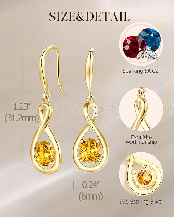 FANCIME Dangle Drop Earrings 925 Sterling Silver Dainty Infinity Round Gemstone Birthstone Jewelry Birthday Gifts for Her Women