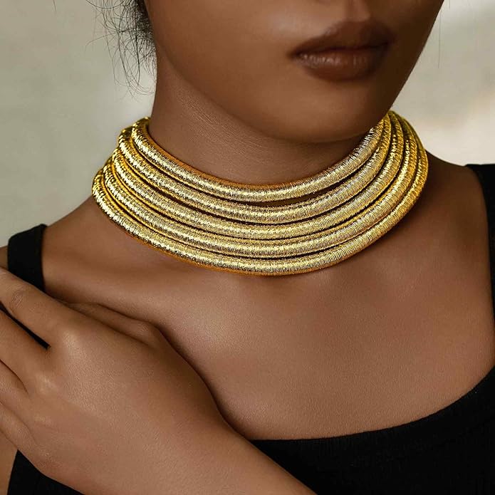 African Choker Necklace Gold Rope Weave Collar Layered Boho Tribal Chokers Multilayer Statement Party Jewelry Accessories for Women