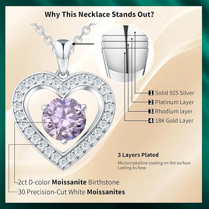 31-Stone Birthstone Heart Necklace for Women | 2ct Moissanite & 30 Sparkling Accents | Valentine's Day, Birthday,Mother's Day, Christmas Gift for Wife, Mother, Girlfriend