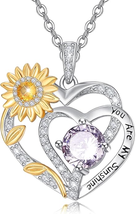 Zeuslia Double Birthstone Necklace Gifts for Wife - 925 Sterling Silver Sunflower/Rose/Crown Cross/Compass/Heart Pendant I Love You Necklace, Anniversary Birthday Gifts for Wife Girlfriend Mom Her