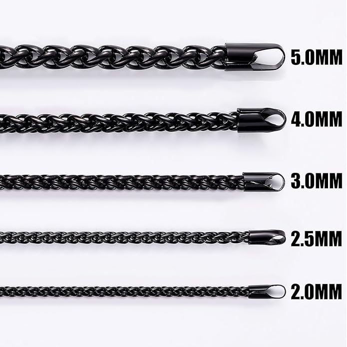 Fiusem Black Wheat Chains for Men and Women, 2/2.5/3/4/5mm Stainless Steel Necklace Chain, Mens Necklace Jewelry Gift 16-28 Inch