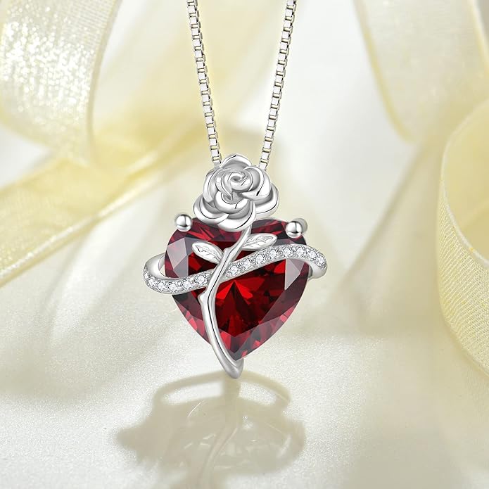 Birthstone Necklace for Women 925 Sterling Silver Love Heart Rose Flower Necklace Dainty Jewelry Gifts for Women Wife Girlfriend Mother Daughter Her