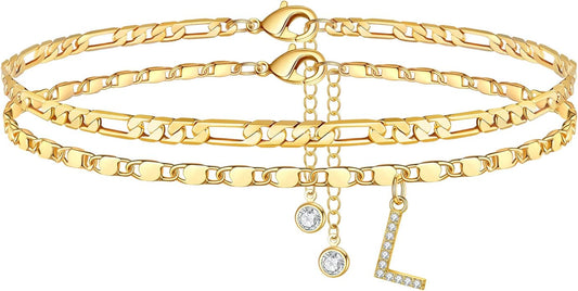 Ursteel Ankle Bracelets for Women, 14K-Gold-Plated Dainty Layered Chain CZ Initial Anklets Set Summer Jewelry Gifts for Women
