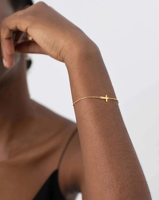 Moodear Christmas Gifts Sotcking Stuffers, Dainty 925 Sterling Silver/14k Gold Plated CZ Cross Bracelet Layered Snake Pearl Chain Knot Bracelets for Women Trendy Religious Christian Jewelry