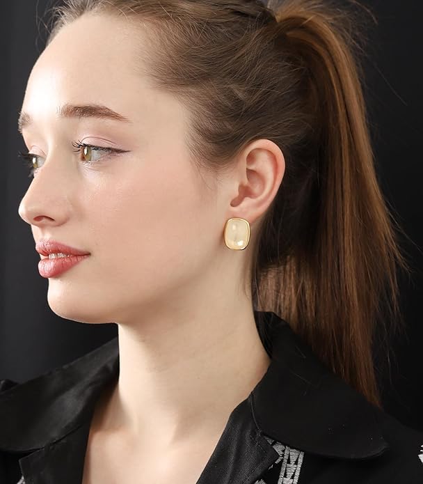 M.DUN- Round Edges Rectangle Shape Studs Earring. Abalone Amber Turquoise Resin Stone Design, 18k Real Gold Plated Bezel, Hypoallergenic Gorgeous Gift for Women