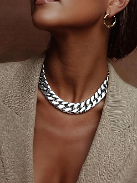 ChainsPro Chunky Cuban Link Chain Necklace for Women,Stainless Steel Silver/Gold Plated Thick Choker, 5/12/14mm Width,18" and 20" Punk Hip Hop Trendy Jewelry Gifts