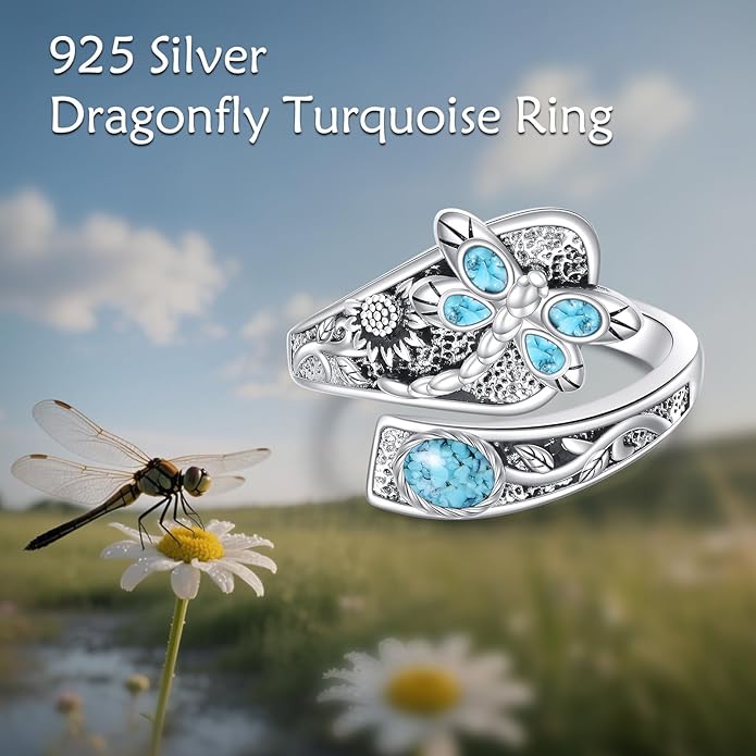925 Sterling Silver Tulip/Dragonfly Ring for Women Flower Ring Vintage Jewerly Gift for Women