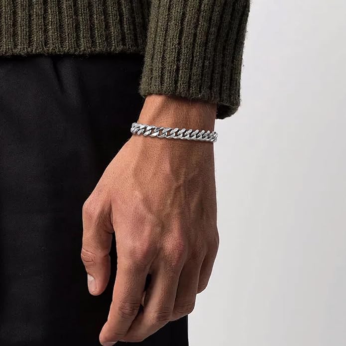 Fiusem Mens Silver Colored Bracelets for Men, Stainless Steel Cuban link Bracelet, 5mm/7mm/8mm Width, 7.1"/7.5"/7.9" Length Jewelry
