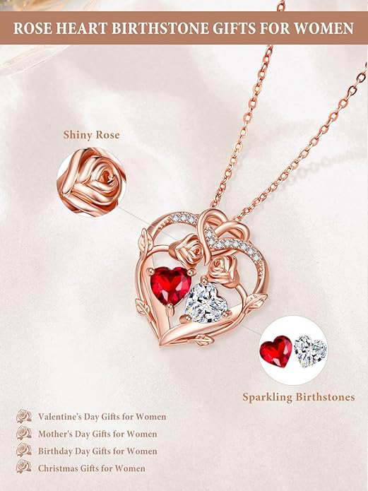Rose Gold Necklaces for Women Double Birthstone Rose Flower Heart Pendant Necklace Jewelry Anniversary Christmas Valentine's Mother's Day Birthday Gift for Wife Mom Her Girlfriend Sister