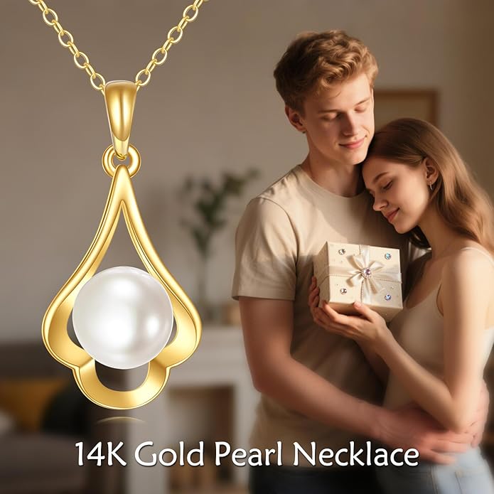 NFYBD 14K Gold Pearl Necklace for Women,Yellow Gold 8mm Freshwater Cultured Pearl Pendant Necklaces Jewelry for Christmas Anniversary Birthday Her Mom Wife 16+1+1 Inch