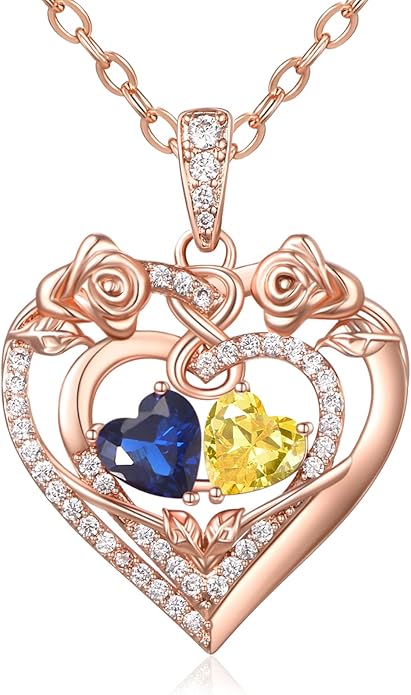JIYVY32 Rose Heart Necklace for Women Exquisite 925 Sterling Silver Anniversary Birthday Gifts for Wife Mom Her Double Birthstone Pendant Jewelry