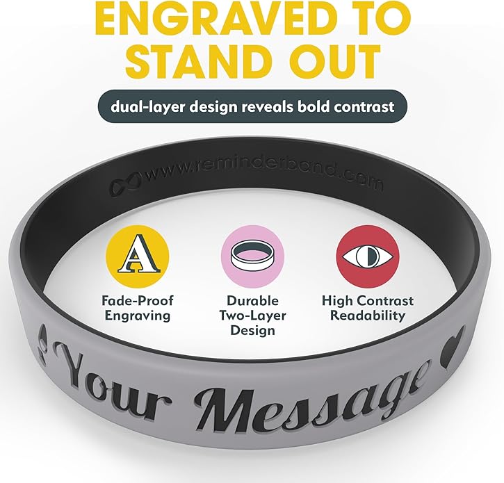 Reminderband Custom 100% Silicone Luxe Wristbands – Personalized Motivational Bracelets, Bulk Rubber Bands for Events, Fundraisers, Awareness, Gifts - Hypoallergenic Bands