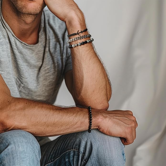 3pc Mens Beaded Bracelets Silver Stainless Steel Chain Bracelet for Men Handmade Braided Bracelet Sets Jewelry Gifts for Men