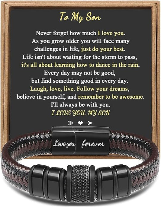 𝐆𝐢𝐟𝐭 𝐟𝐨𝐫 𝐌𝐞𝐧 Braided 𝐋𝐞𝐚𝐭𝐡𝐞𝐫 𝐁𝐫𝐚𝐜𝐞𝐥𝐞𝐭 for Men Dad Husband Boyfriend Son Grandson Brother Stainless Steel Clasp Engraved with Love You Forever Jewelry Birthday Gift 7.5 8.5 9 Inch