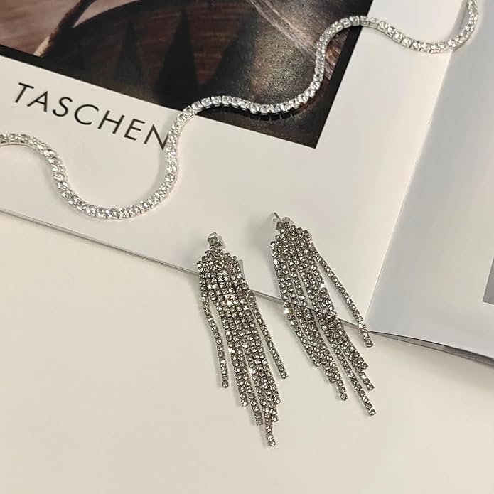 Tennis Necklace Bracelet for Women, Sterling Sliver, Dainty Chocker Necklace, Crystal Bracelet for Women, Wedding Jewelry for Bride, Sparkly Party Prom Hypoallergenic